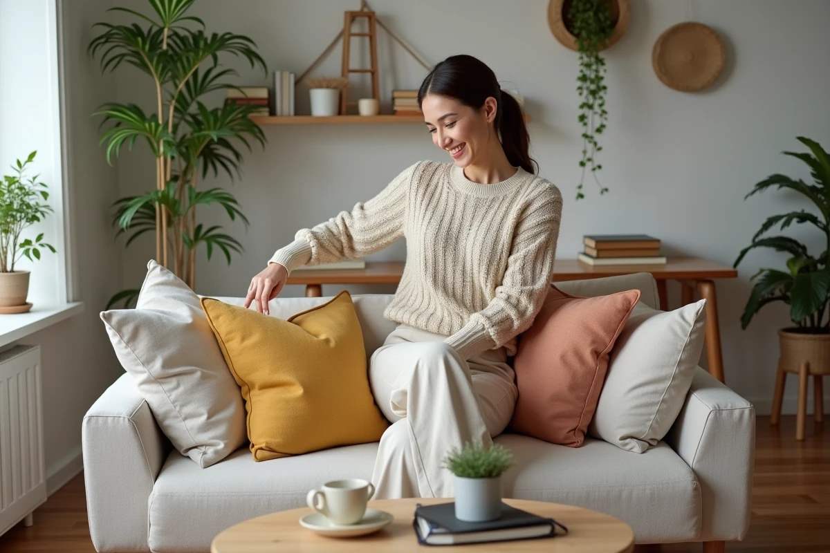 Femme arrangeant des coussins décoratifs dans un salon chaleureux