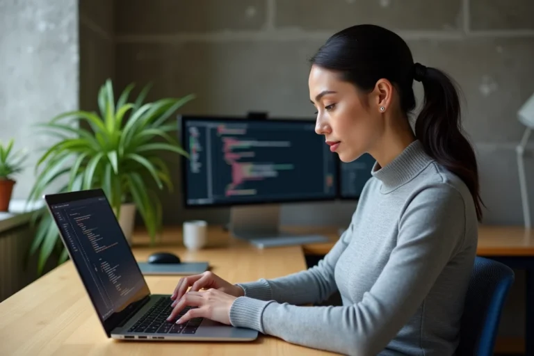 Femme développeuse travaillant sur un ordinateur portable dans un bureau moderne avec affichage de code en arrière-plan