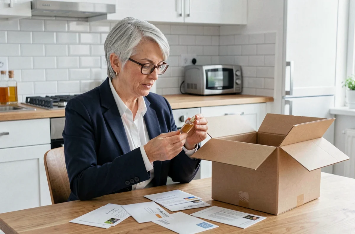 Femme découvrant des échantillons de parfum reçus par courrier après une commande en ligne