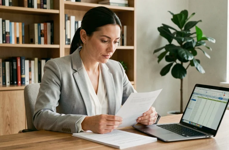 Femme consultant des documents de prêt immobilier dans un bureau à domicile moderne pour évaluer son éligibilité