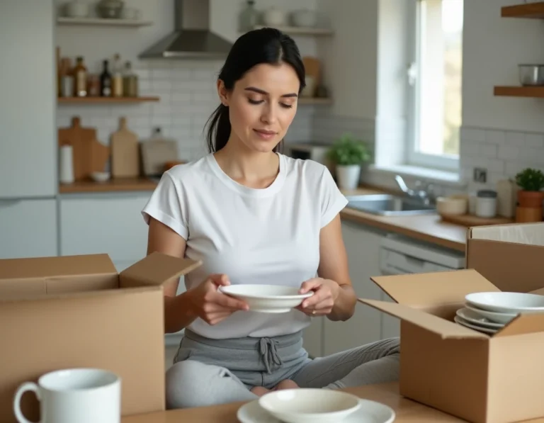 Femme emballant des objets fragiles dans des cartons lors d'un déménagement organisé dans une cuisine moderne