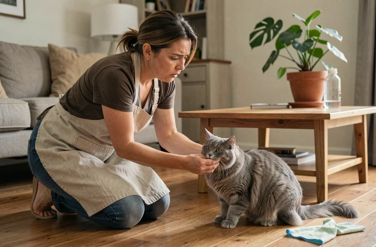Femme inquiète examinant son chat persan après exposition au vinaigre blanc lors du nettoyage domestique