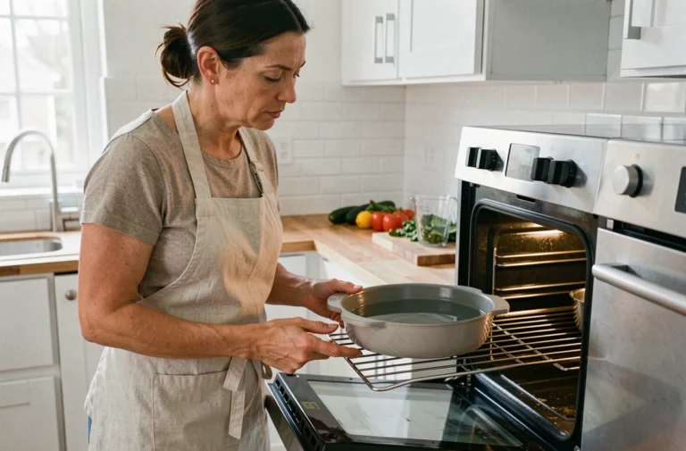 Femme plaçant un plat d'eau dans un four classique pour créer de la vapeur lors de la cuisson