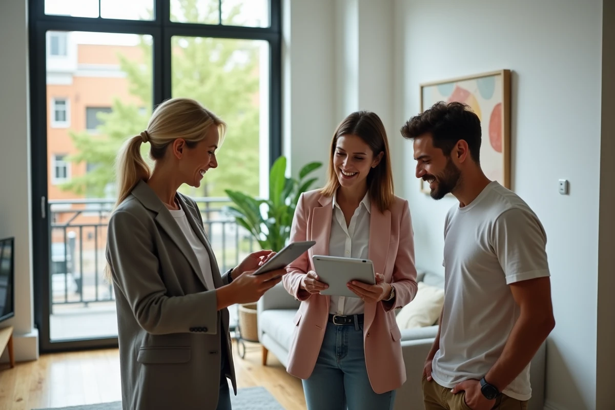 Femme souriante montrant un appartement rénové avec une tablette