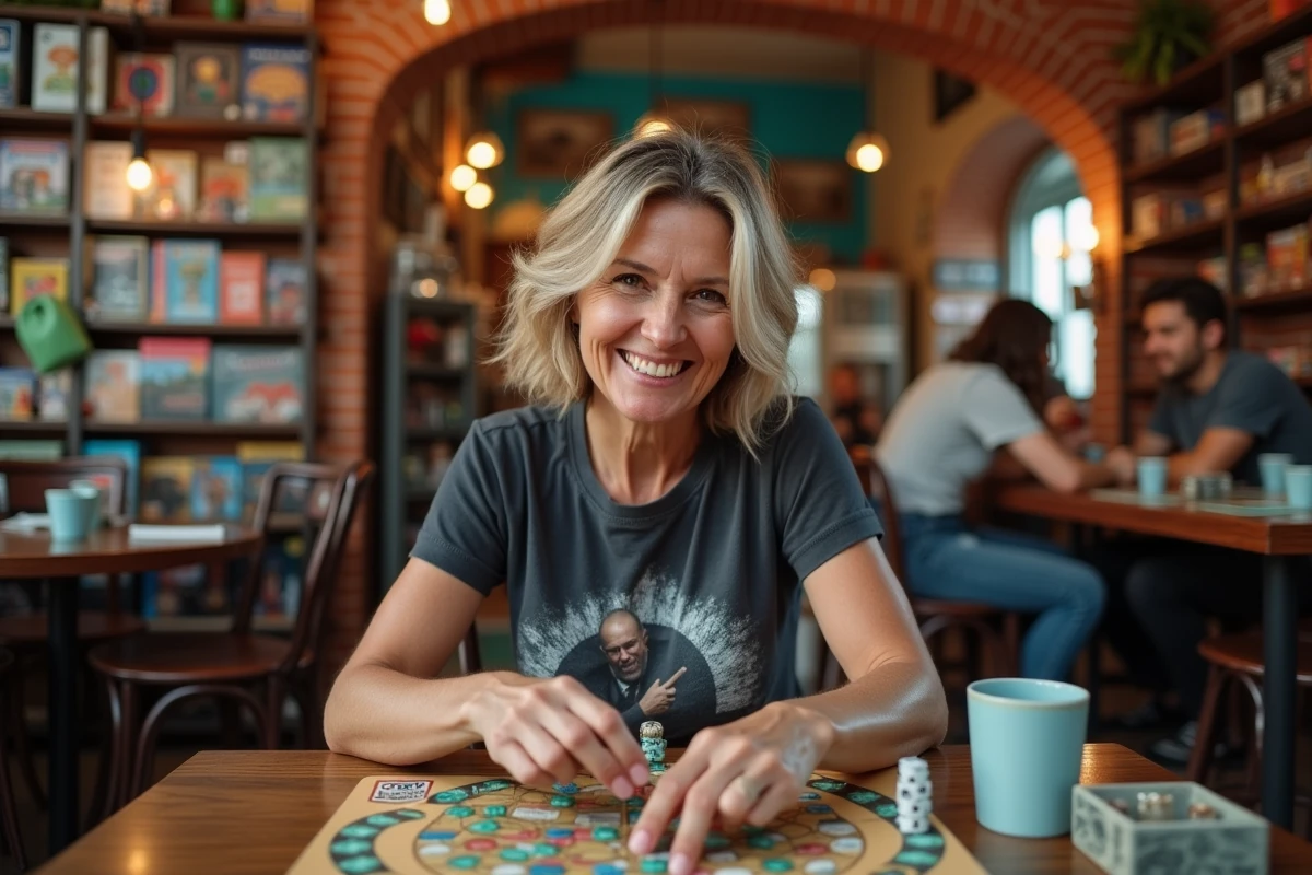 Femme jouant à un jeu de société dans un café parisien