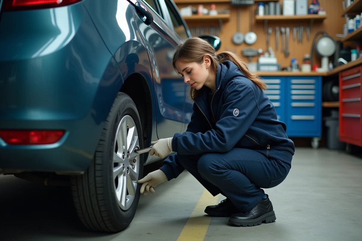 Jeune femme resserrant une roue de voiture dans un garage