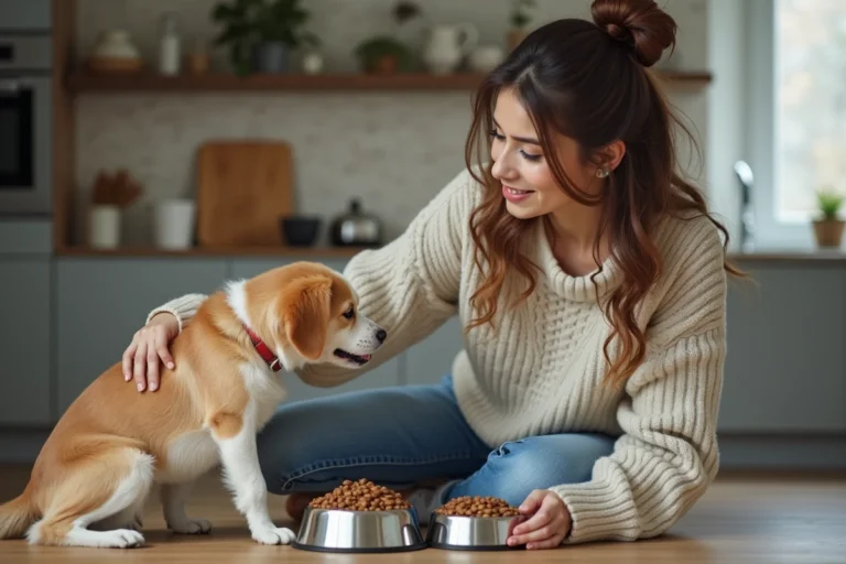 Femme avec chien dans la cuisine moderne