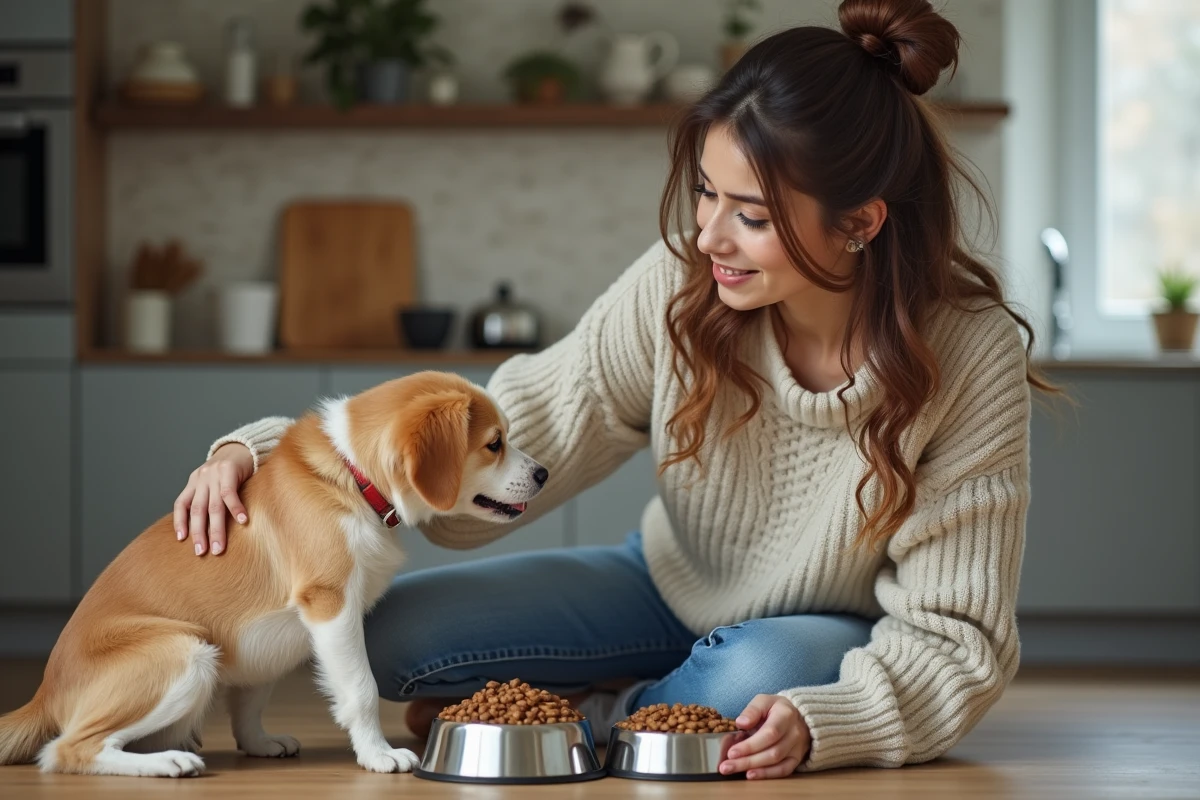 Femme avec chien dans la cuisine moderne
