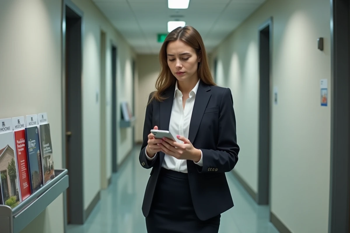 Femme d affaires regardant son smartphone dans un couloir de bureau