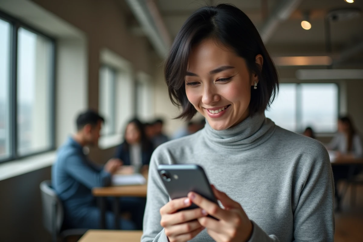 Femme tenant un smartphone dernier modèle dans un espace de coworking moderne, illustrant les innovations technologiques du numérique