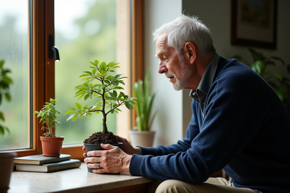 Homme âgé observant une jeune pousse de chêne en intérieur