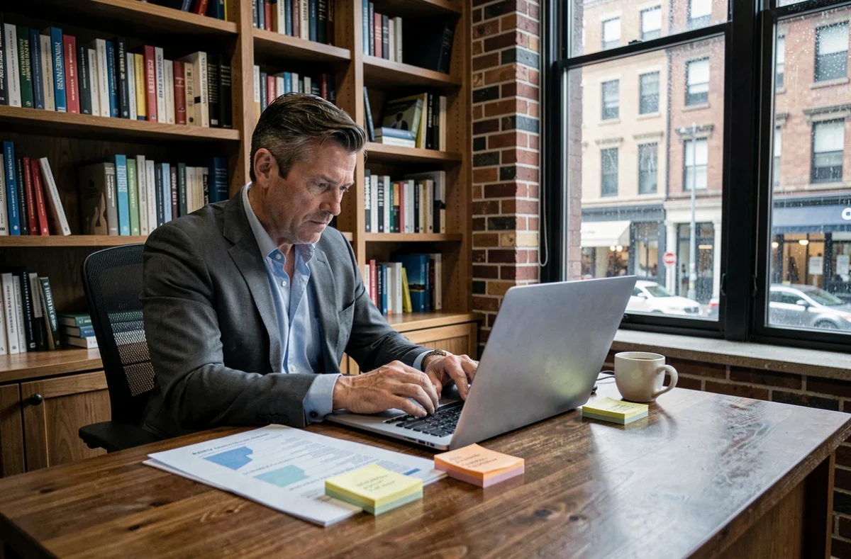 Homme d'affaires concentré révisant un plan stratégique dans un bureau privé avec murs en briques apparentes