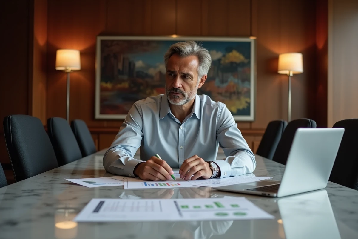 Homme d'affaires analysant un portefeuille d'investissement dans une salle de conférence haut de gamme avec tableau de bord financier