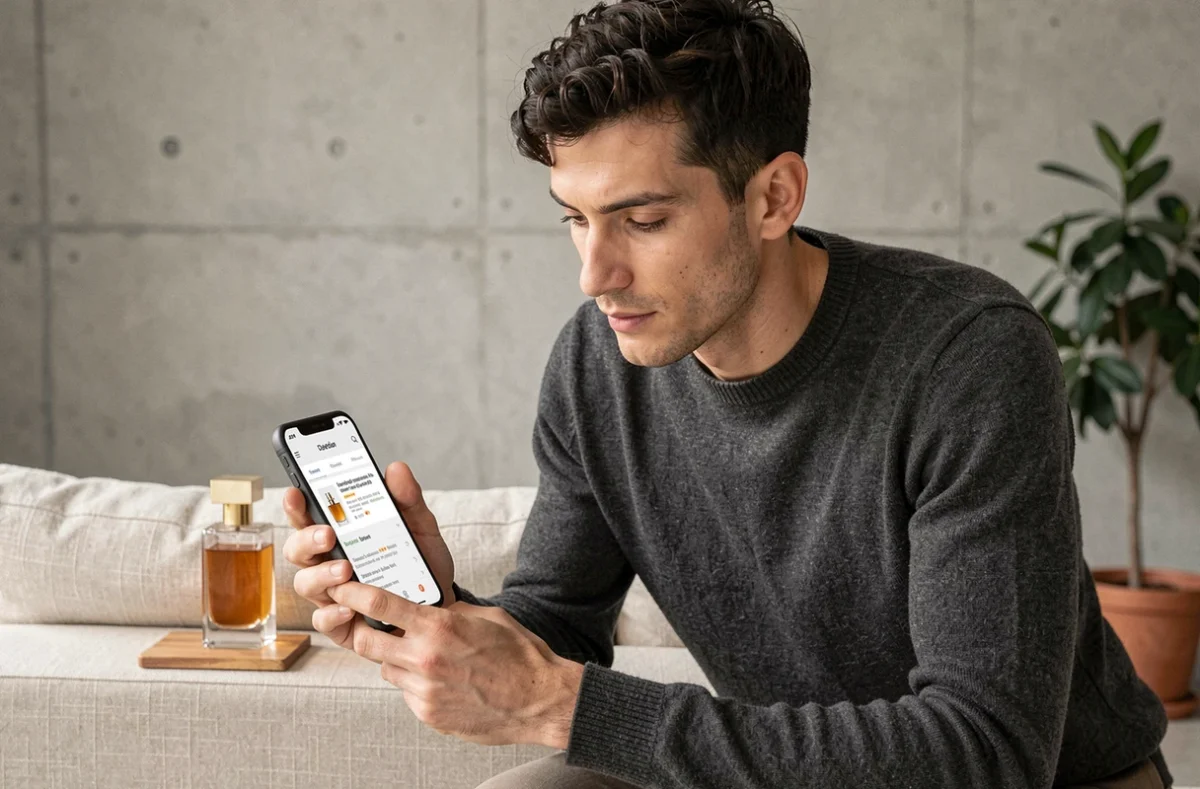 Homme lisant les avis clients pour choisir un parfum sur une boutique en ligne depuis son smartphone
