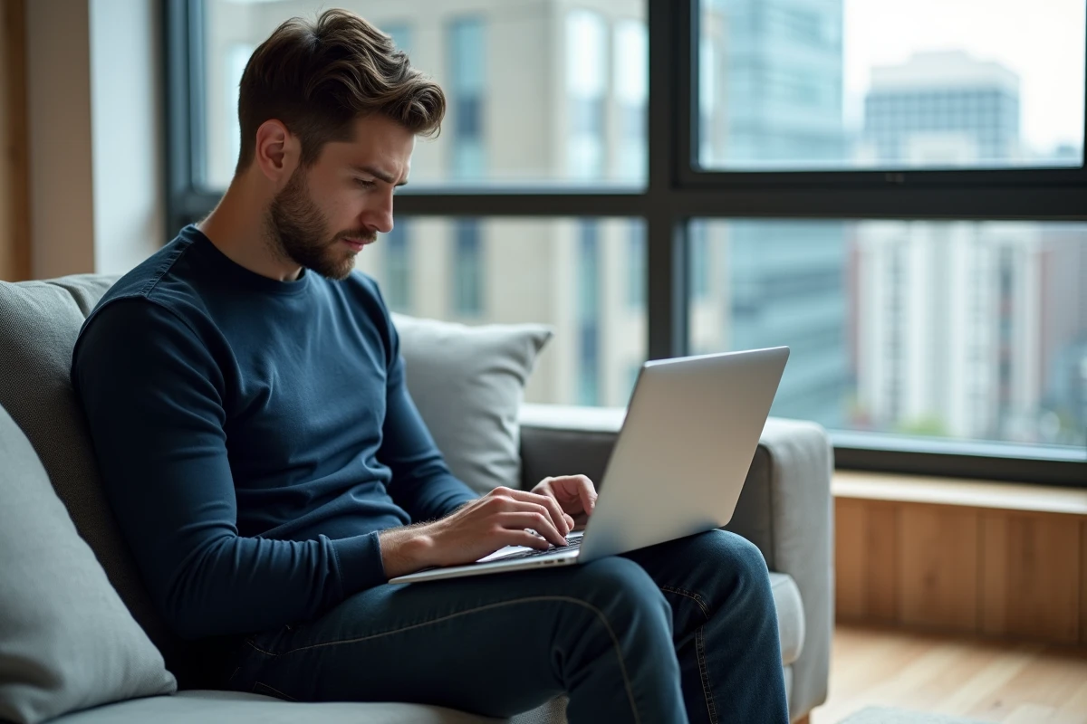 Homme consultant les tarifs et abonnements LocService sur son ordinateur portable dans un appartement moderne