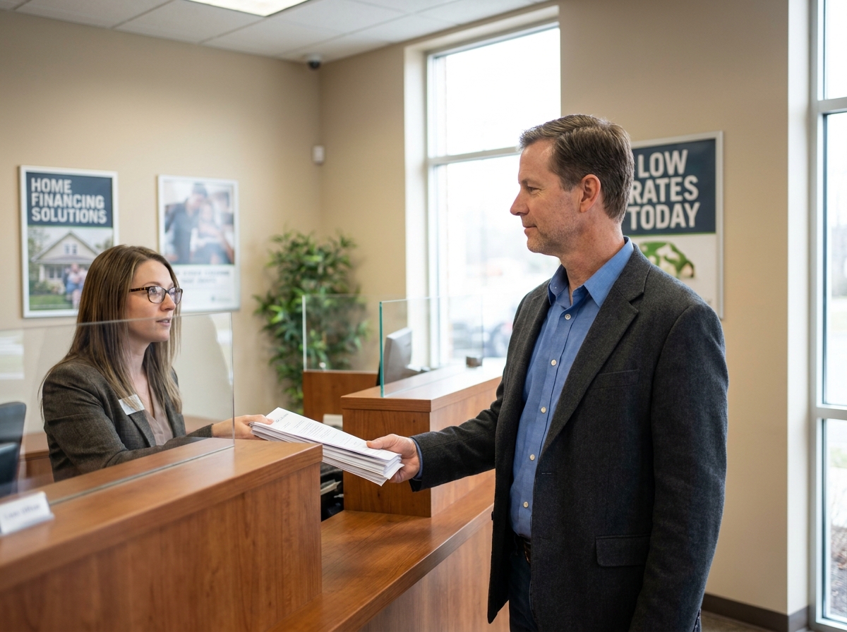 Homme remettant des papiers à un conseiller bancaire dans une agence