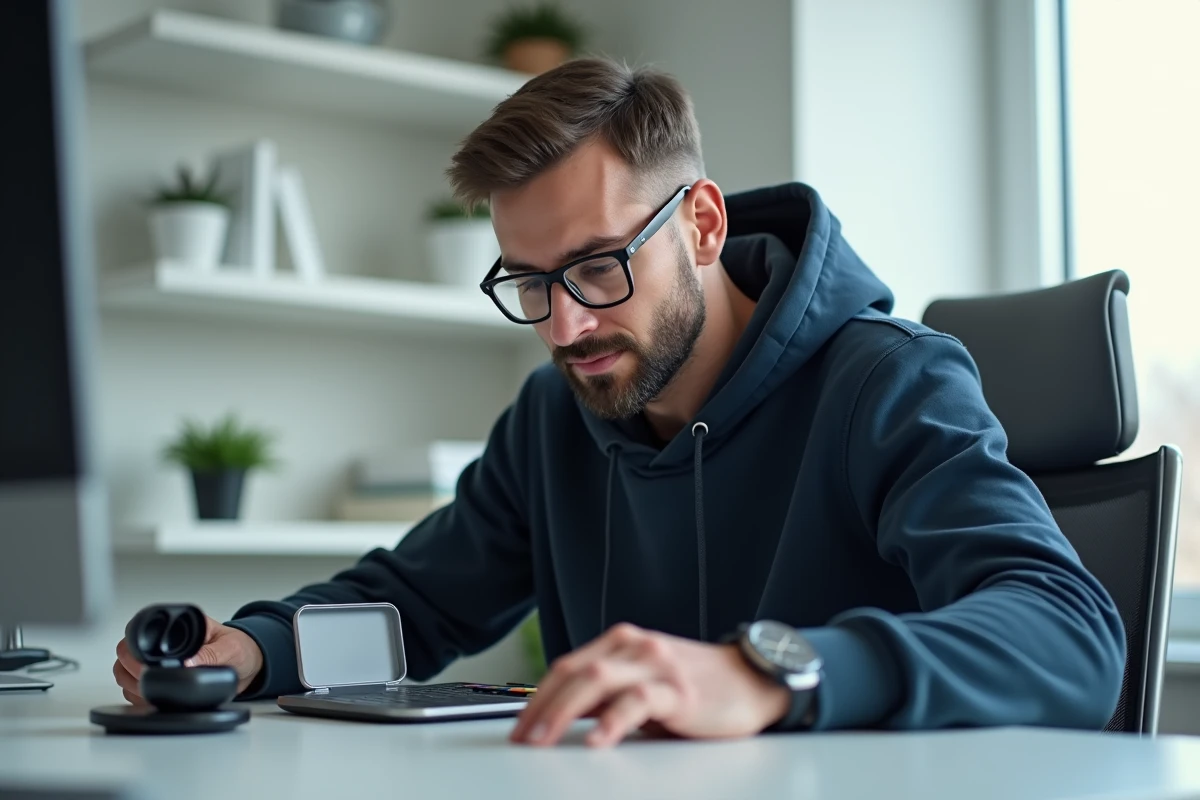 Homme entouré de gadgets connectés modernes à son bureau à domicile, représentant les tendances technologiques actuelles