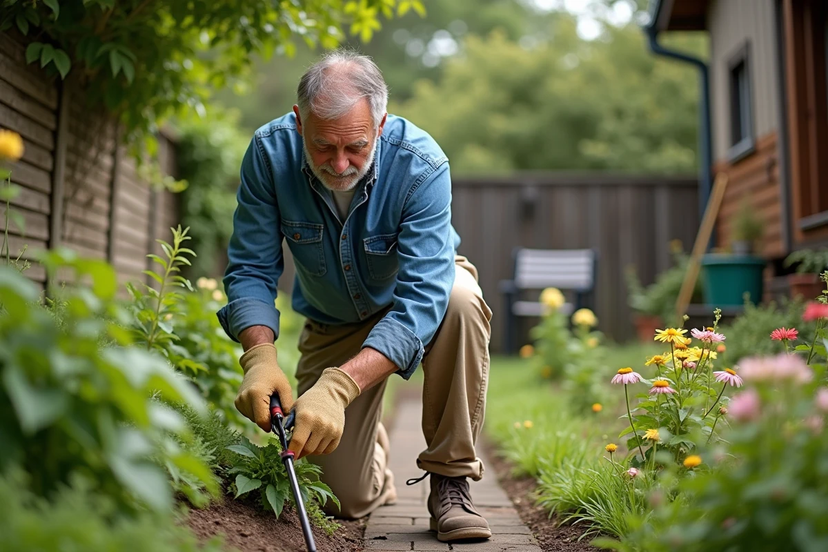 Homme taillant des arbustes dans un jardin bien entretenu