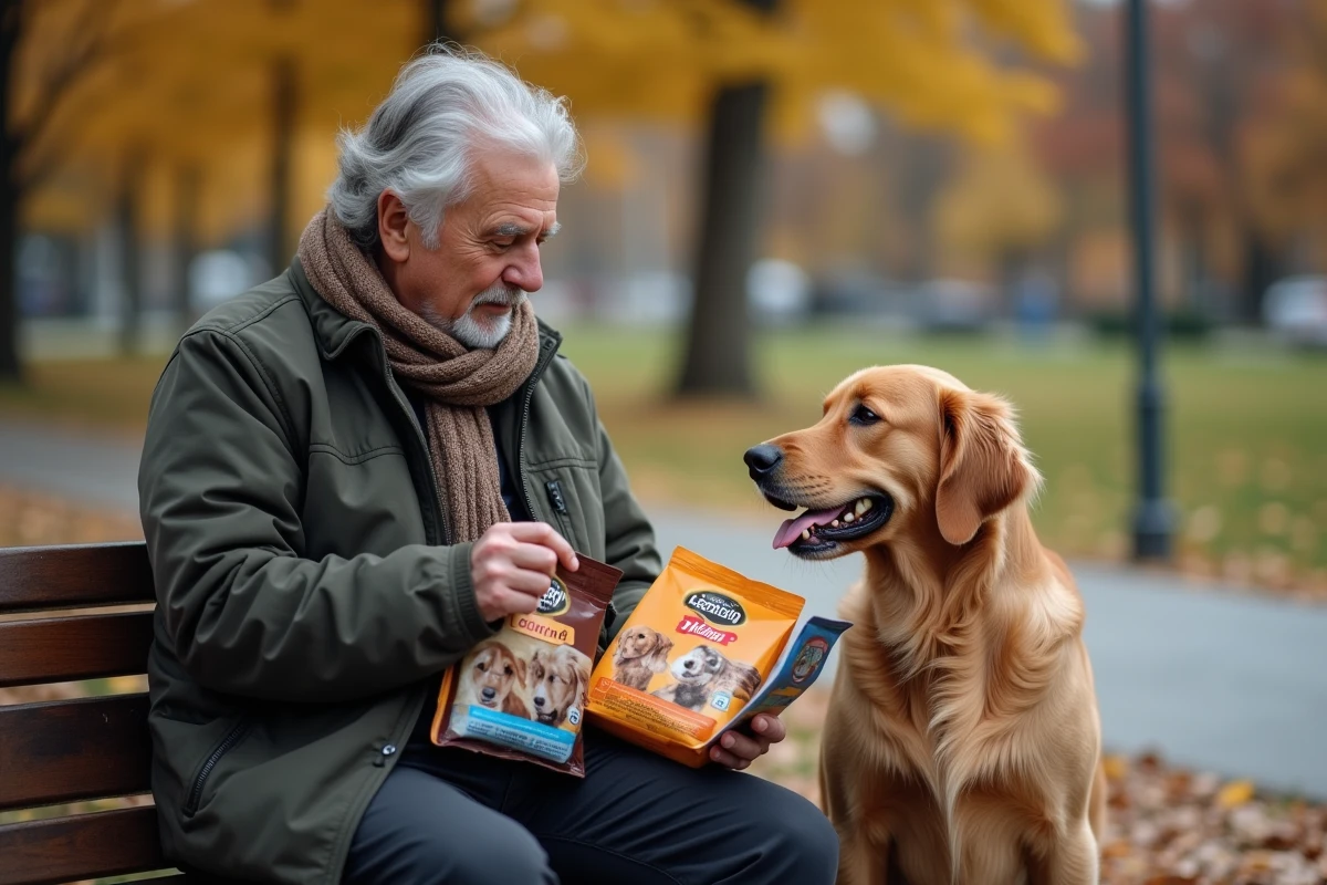 Homme âgé avec chien dans un parc en automne