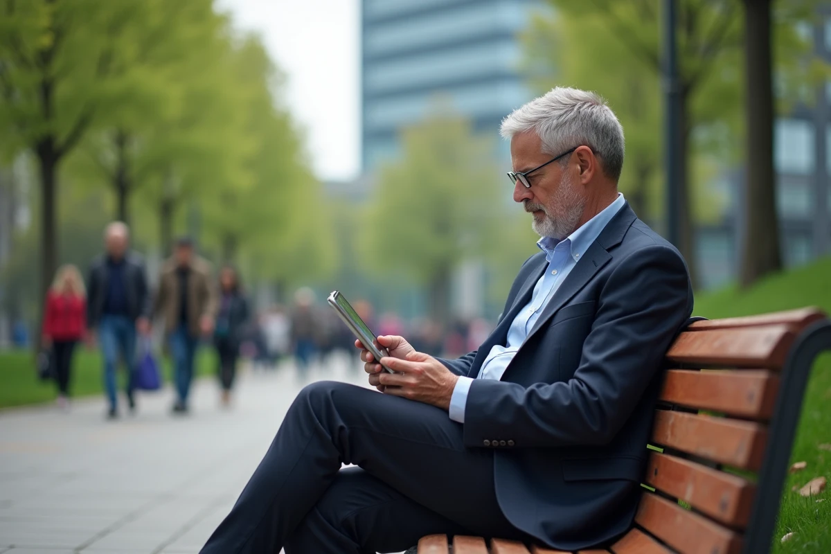 Homme d age moyen consulte son smartphone dans un parc urbain
