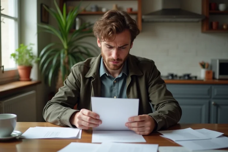 Homme inquiet lisant une lettre de rejet dans sa cuisine française