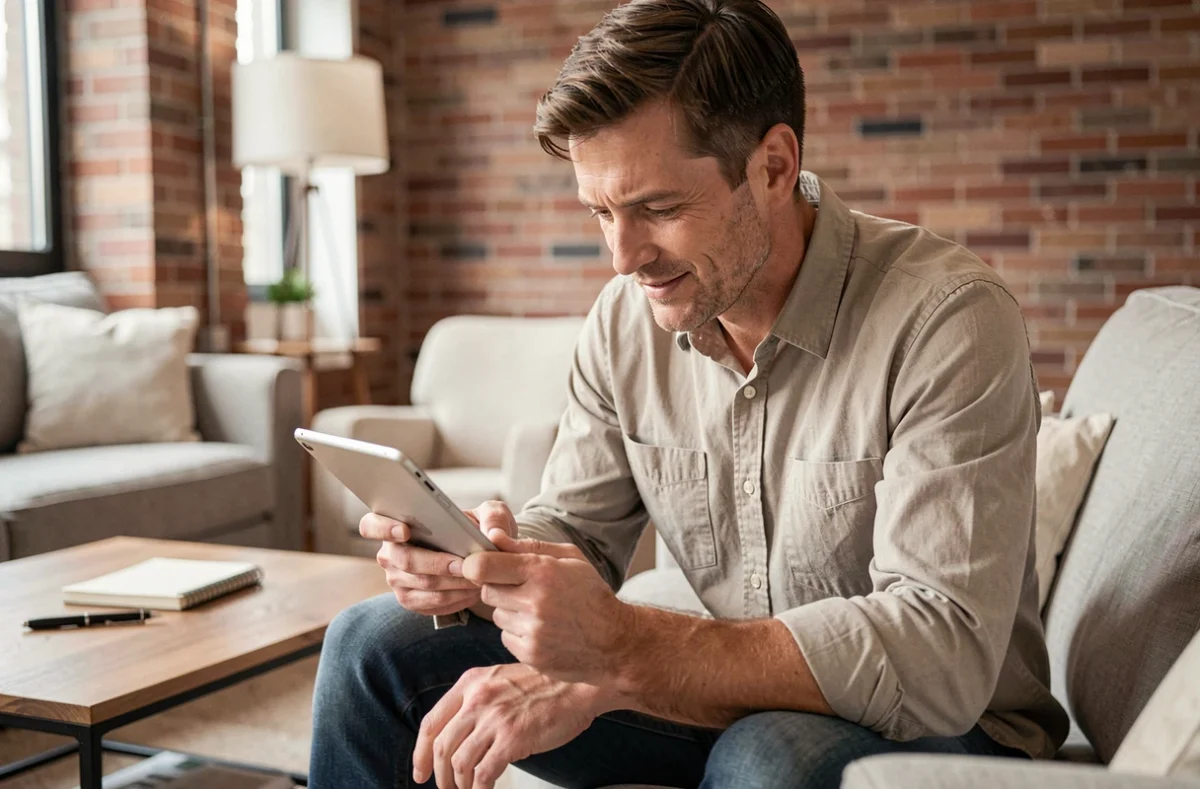 Homme vérifiant son éligibilité à un prêt immobilier en ligne sur une tablette depuis son appartement