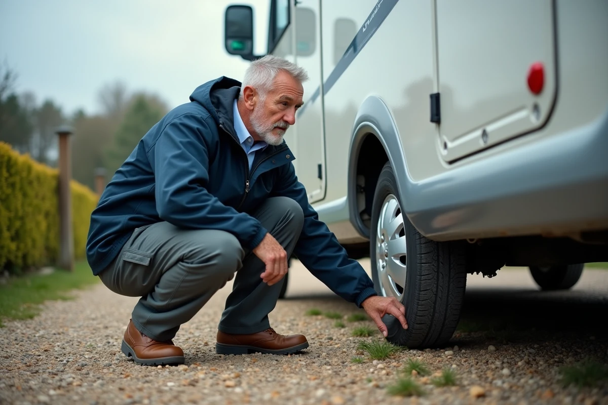 Homme inspectant la roue d