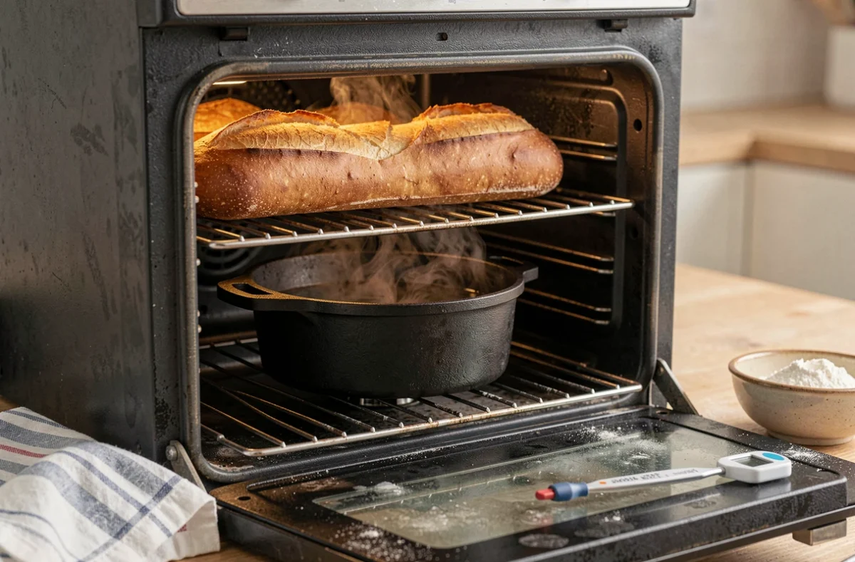 Intérieur d'un four classique avec une cocotte en fonte remplie d'eau produisant de la vapeur pour la cuisson du pain