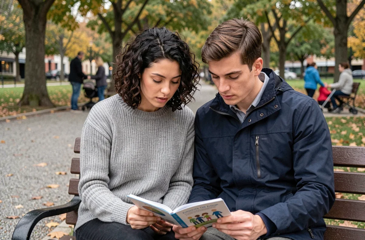 Jeune couple consulte un guide familial assis sur un banc dans un parc urbain animé