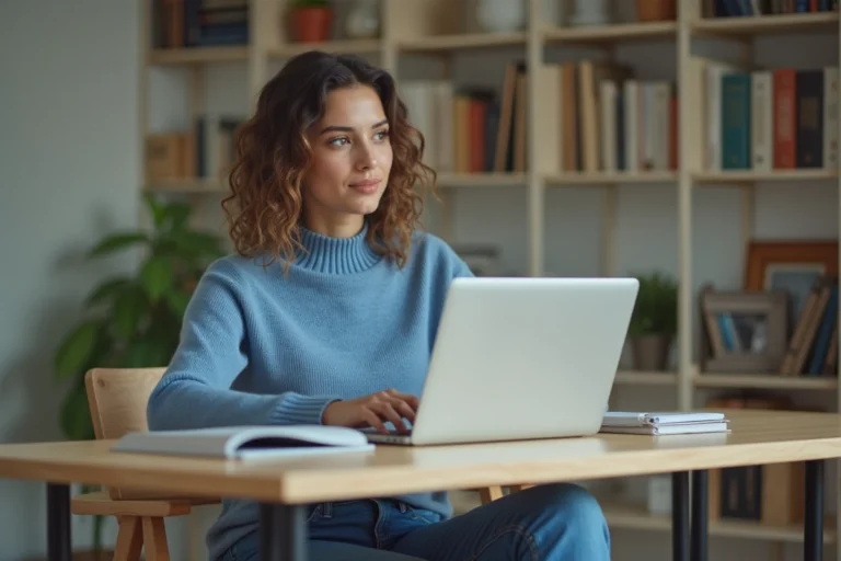 Jeune femme au bureau utilisant un ordinateur portable