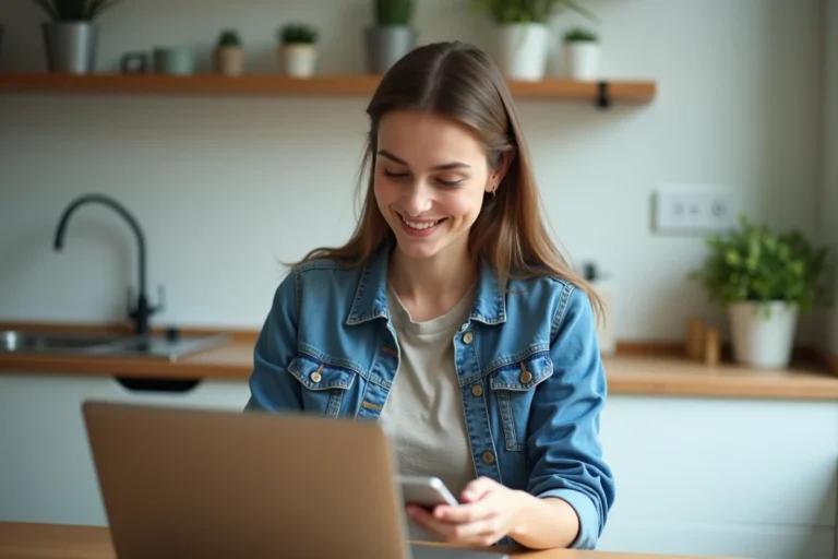 Jeune femme lisant des actualites sur son ordinateur portable