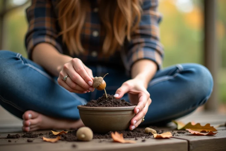 Jeune femme plantant une noix de chêne dans un pot