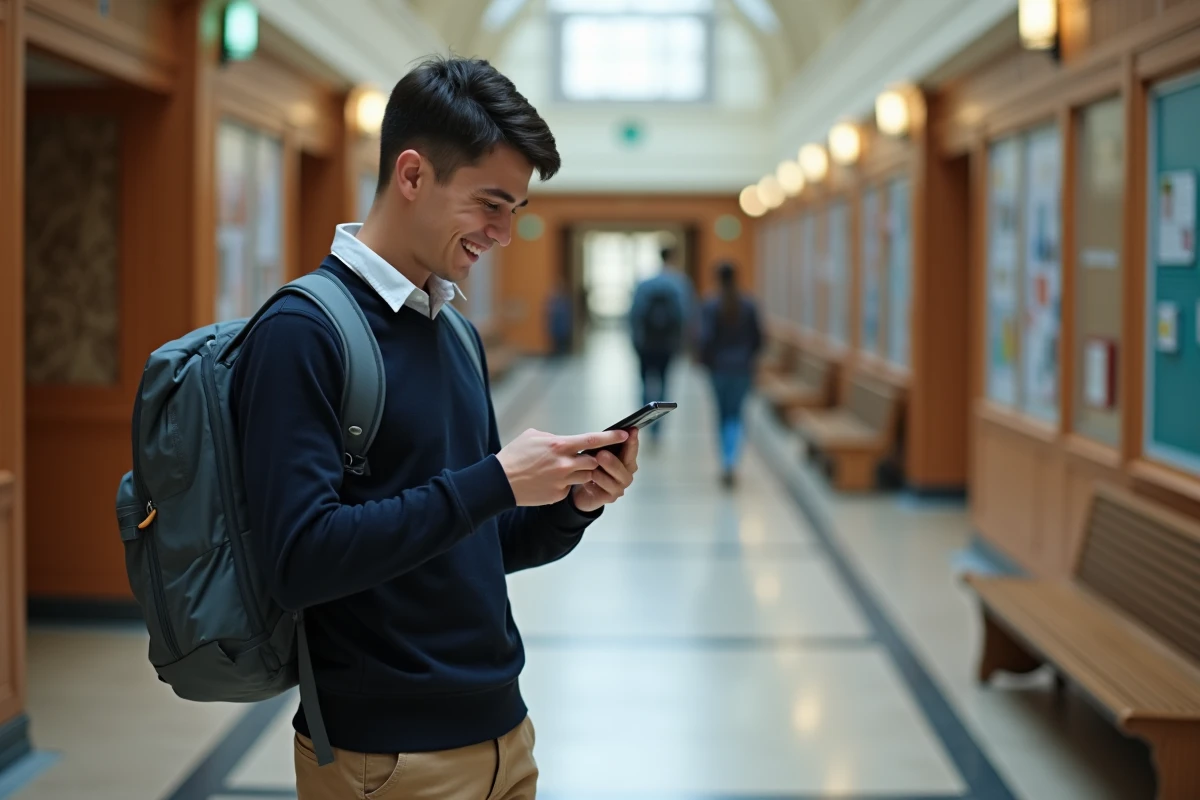 Jeune homme utilisant son smartphone dans un couloir universitaire
