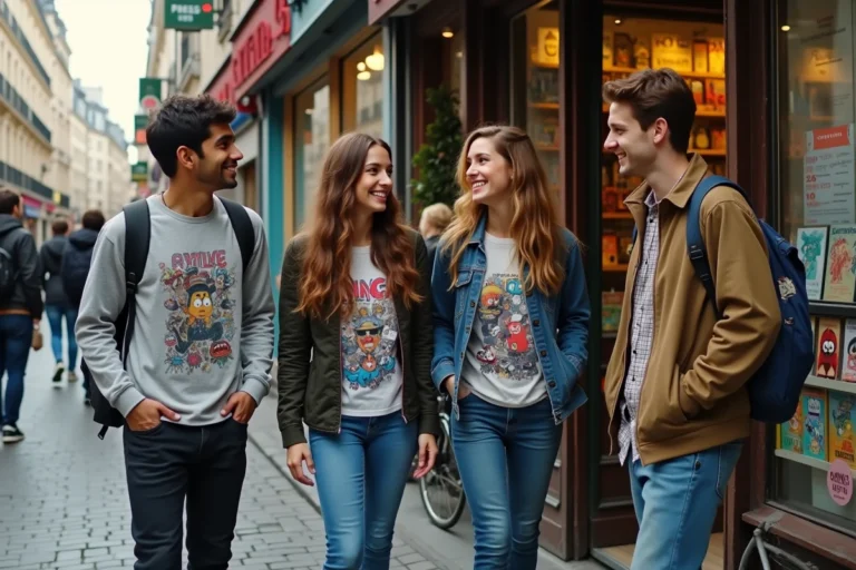 Groupe de jeunes sortant d'une boutique de comics à Paris