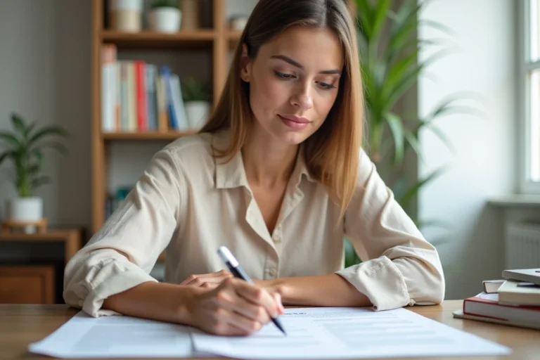 Locataire consultant les tarifs LocService sur des documents imprimés à son bureau à domicile