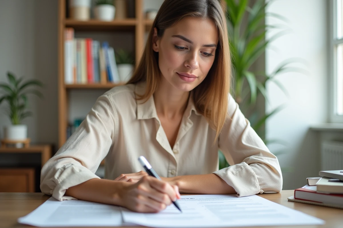 Locataire consultant les tarifs LocService sur des documents imprimés à son bureau à domicile