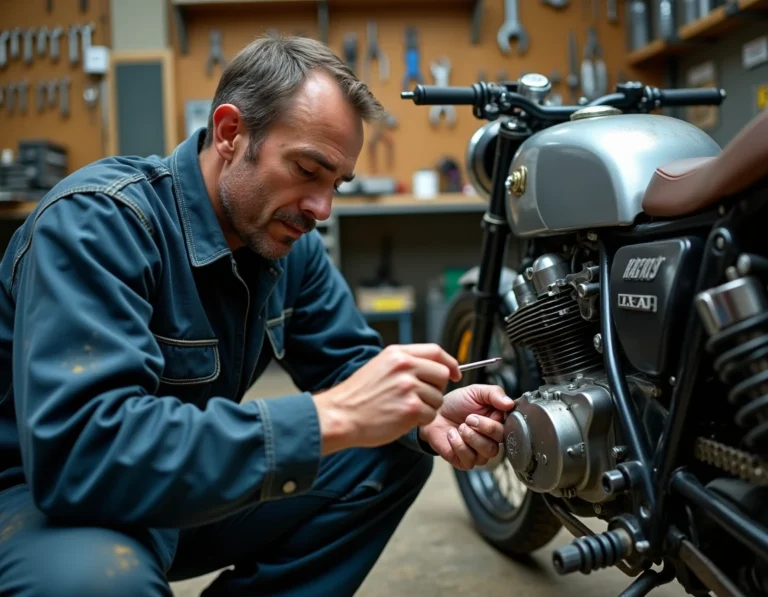 Mécanicien moto inspectant un carburateur dans un atelier pour diagnostiquer un trou à l'accélération