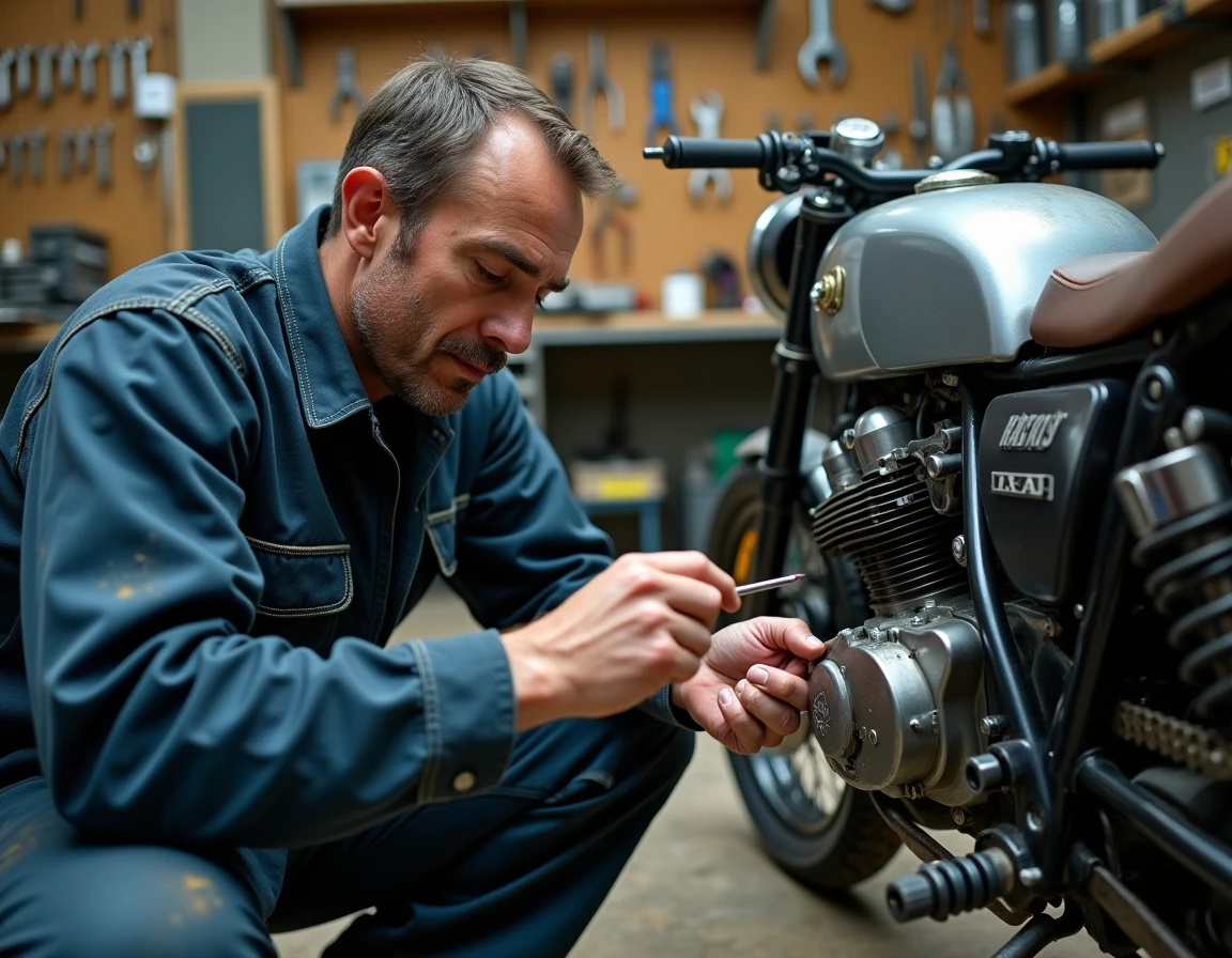 Mécanicien moto inspectant un carburateur dans un atelier pour diagnostiquer un trou à l'accélération