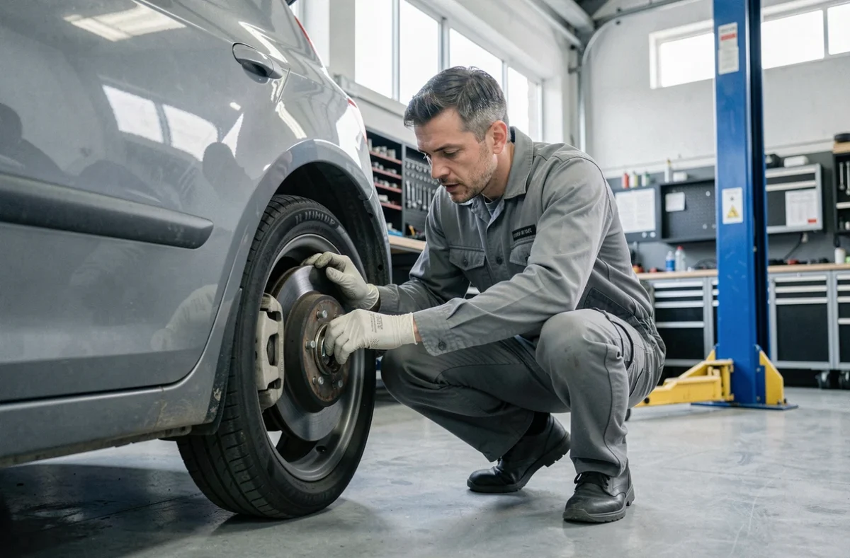 Mécanicien inspectant les freins d'une voiture d'occasion dans un garage de contrôle technique