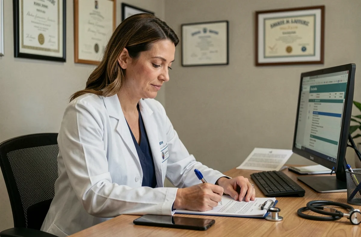 Médecin généraliste femme examinant des documents liés au tiers-payant dans son cabinet médical moderne