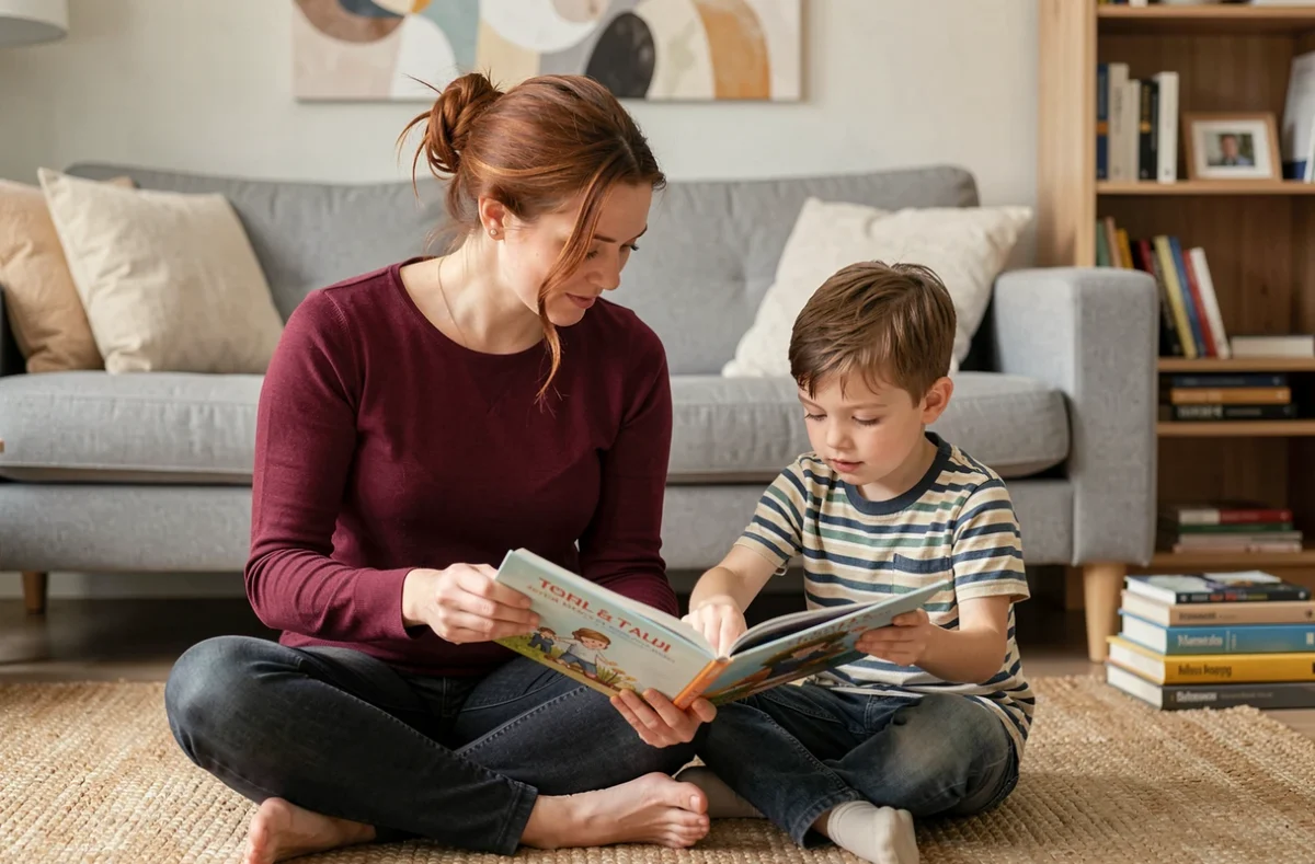 Mère célibataire et son fils lisent ensemble un livre illustré sur le sol du salon familial