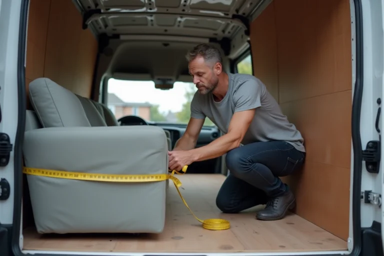 Homme mesurant un canapé compact à l'intérieur d'une camionnette 6m3 avec un mètre ruban