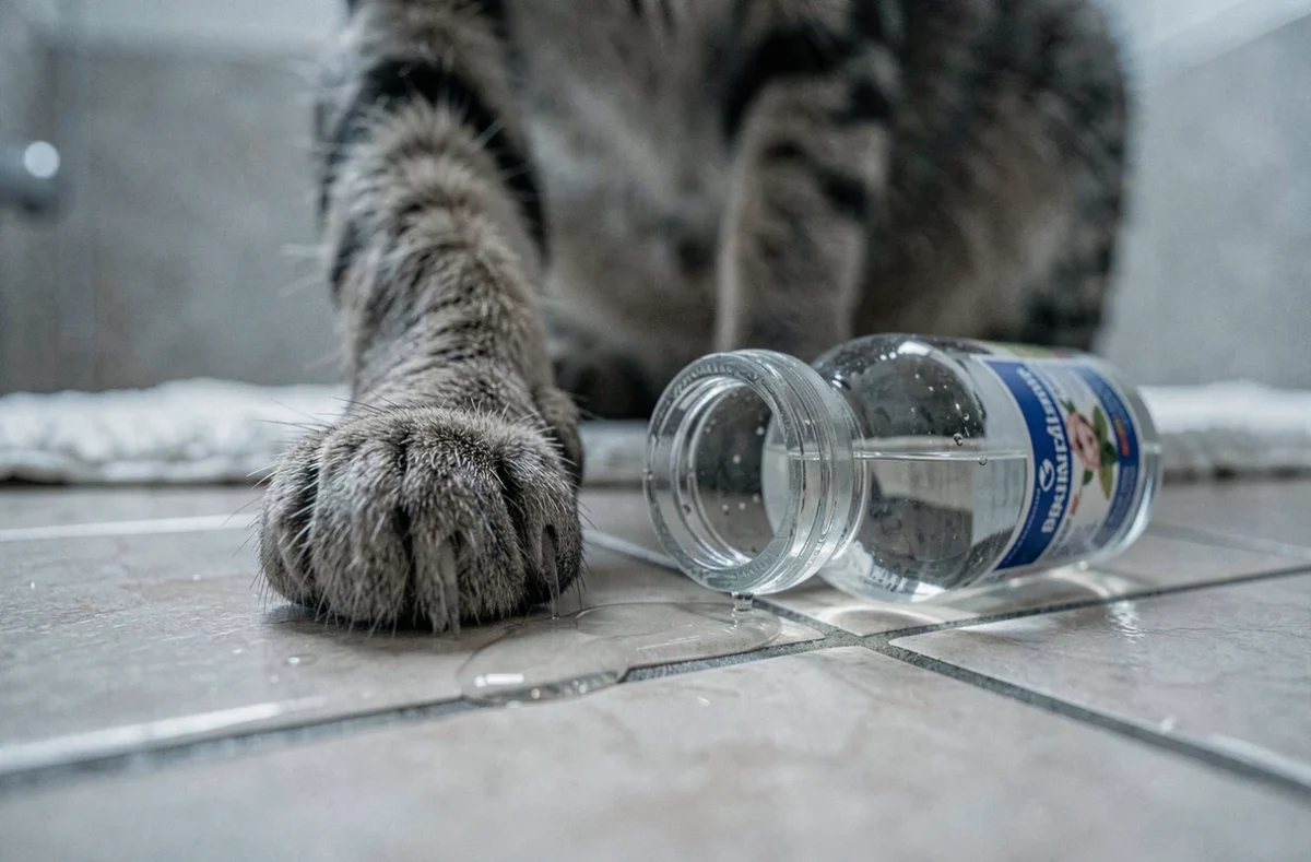 Patte de chat près d'un flacon de vinaigre blanc renversé sur le sol de salle de bain, risques d'ingestion chez les félins
