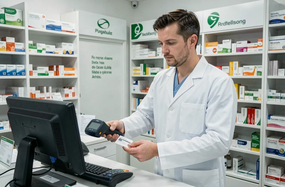 Pharmacien utilisant un lecteur de carte Vitale pour le traitement du tiers-payant à l'officine