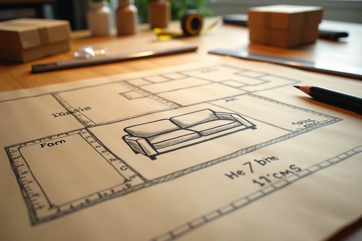 Plan dessiné à la main pour optimiser le chargement d'un canapé dans une camionnette 6m3