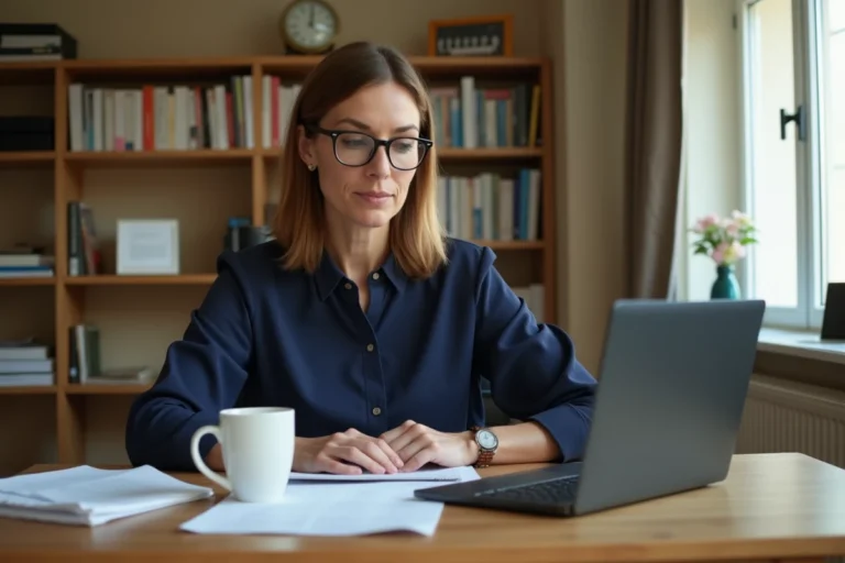 Professeure en congés scolaires consultant ses documents de paie à son bureau à domicile
