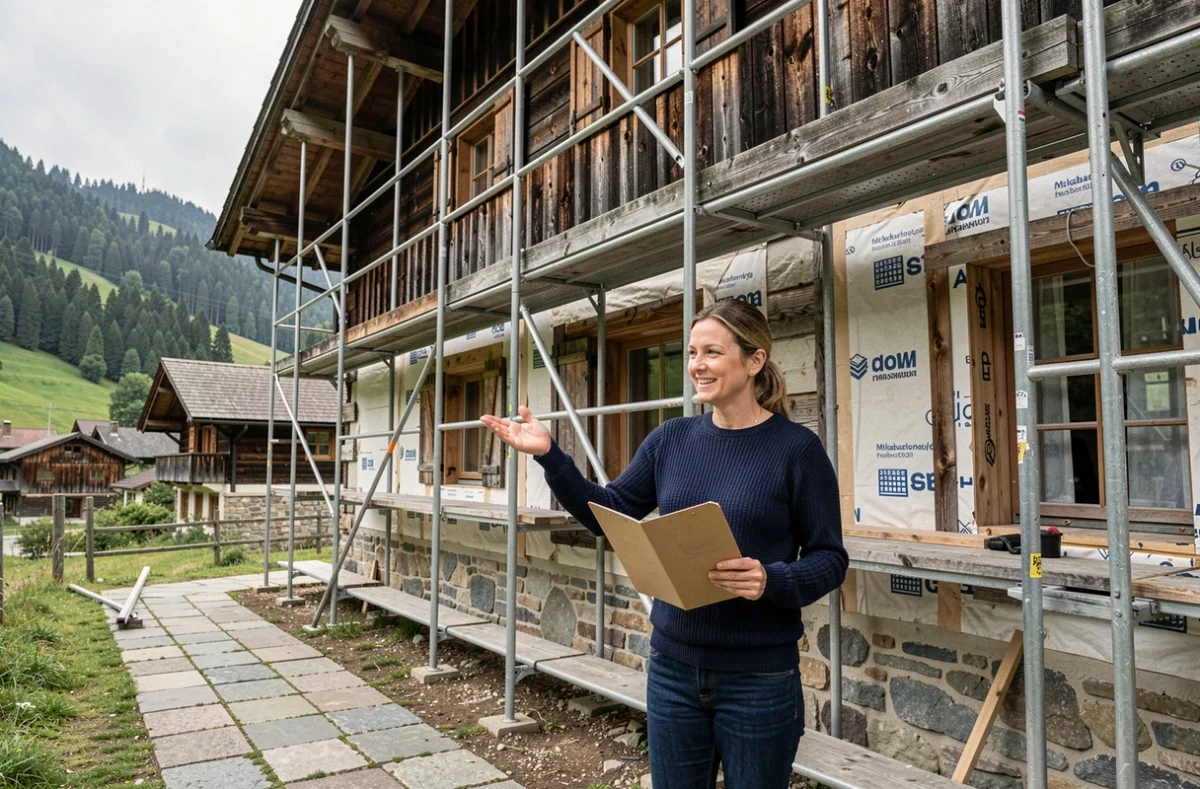 Propriétaire suisse devant un chalet en rénovation avec dossier de demande de subvention