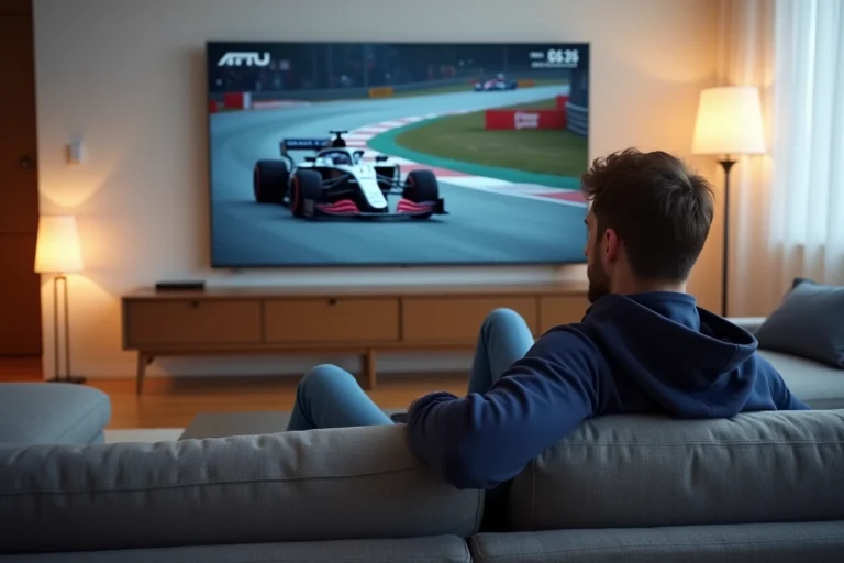 Homme regardant la Formule 1 en direct sur une grande télévision dans un salon moderne