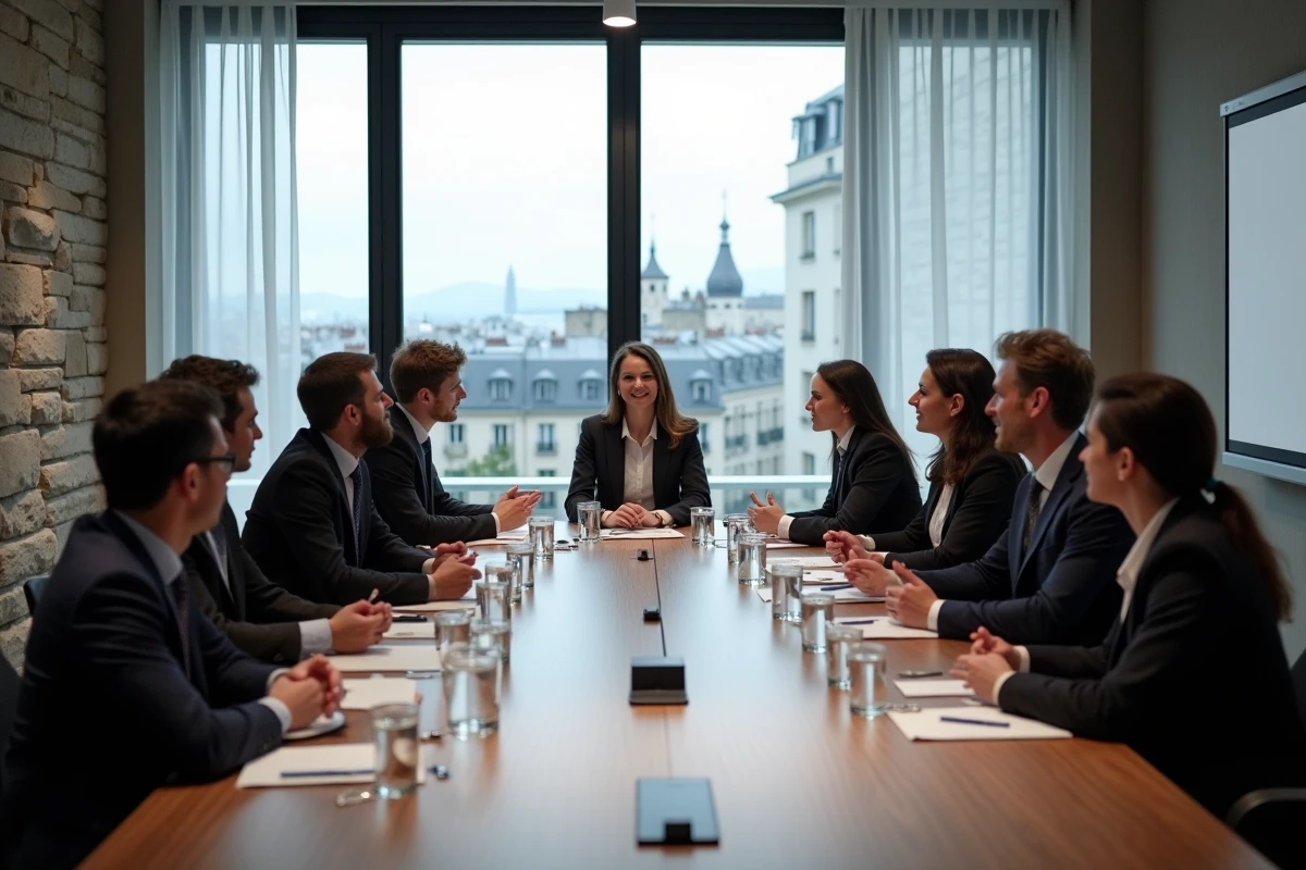 Professionnels en discussion dans une salle de réunion moderne