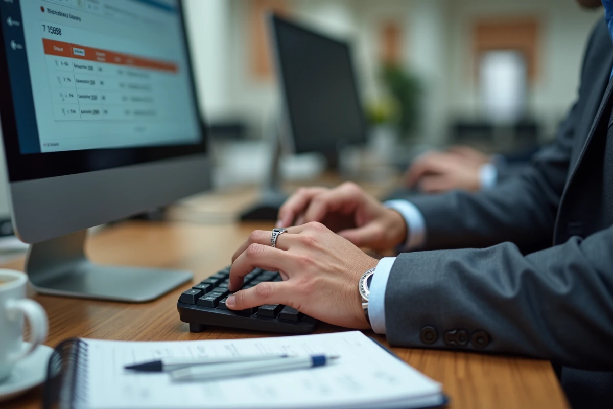 Professionnel de la finance saisissant des données dans un logiciel de comptabilité publique M57 avec le compte 75888 affiché à l'écran